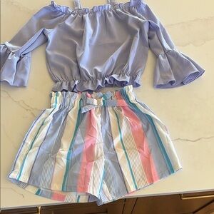 New Girls Striped Pastel Paperbag Waist Shorts - Light Blue / Pink